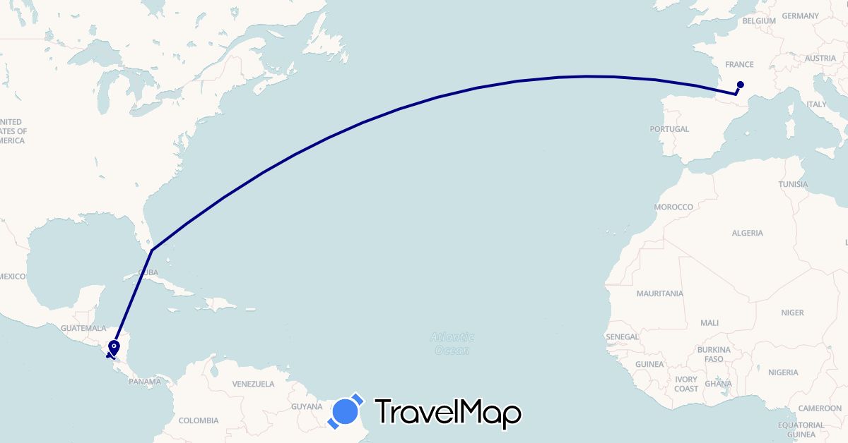 TravelMap itinerary: driving in France, Nicaragua, United States (Europe, North America)